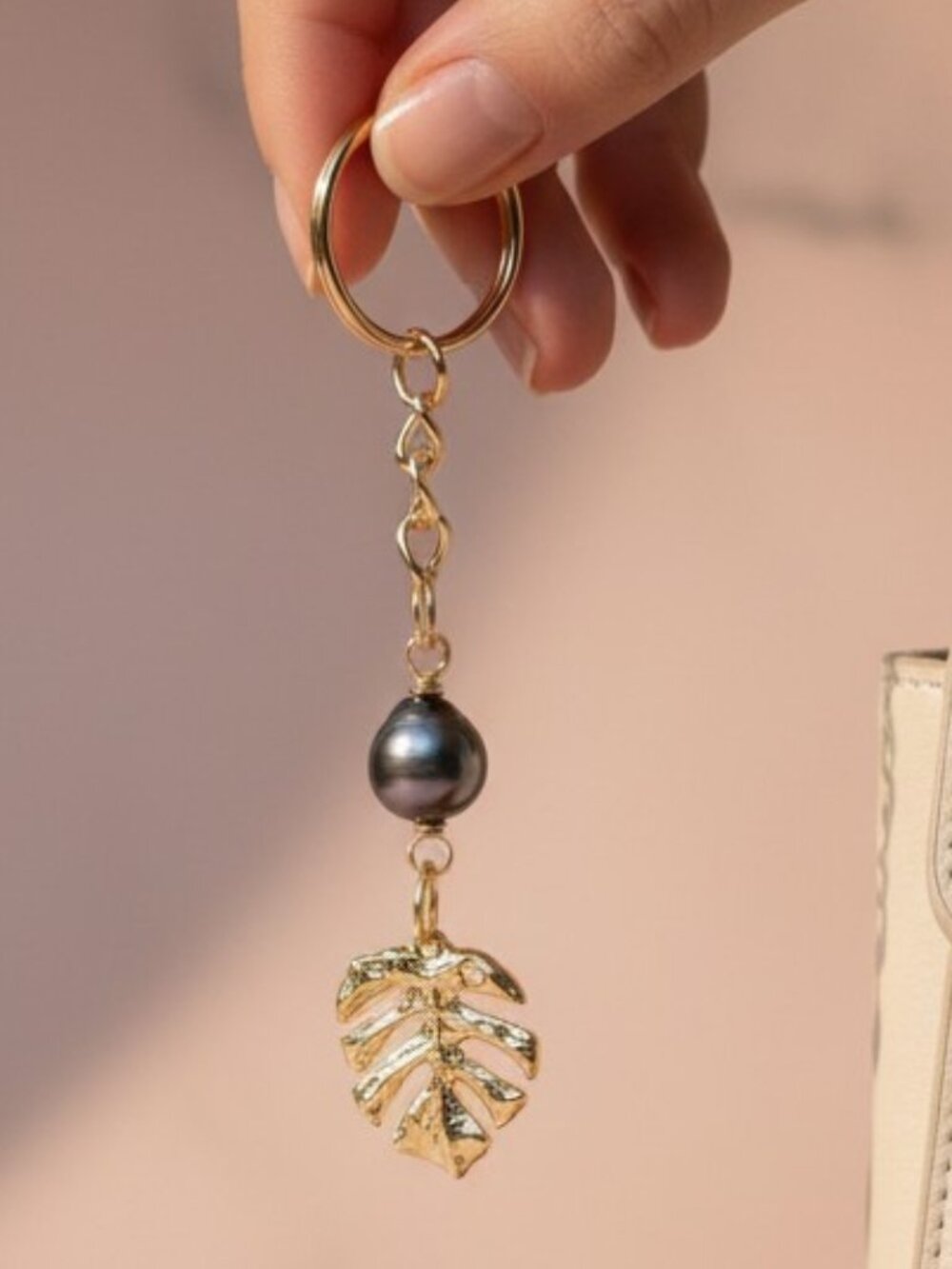 Black Pearl & Gold Leaf Pendant Keychain ~ Bag Charm, Luxe Gift